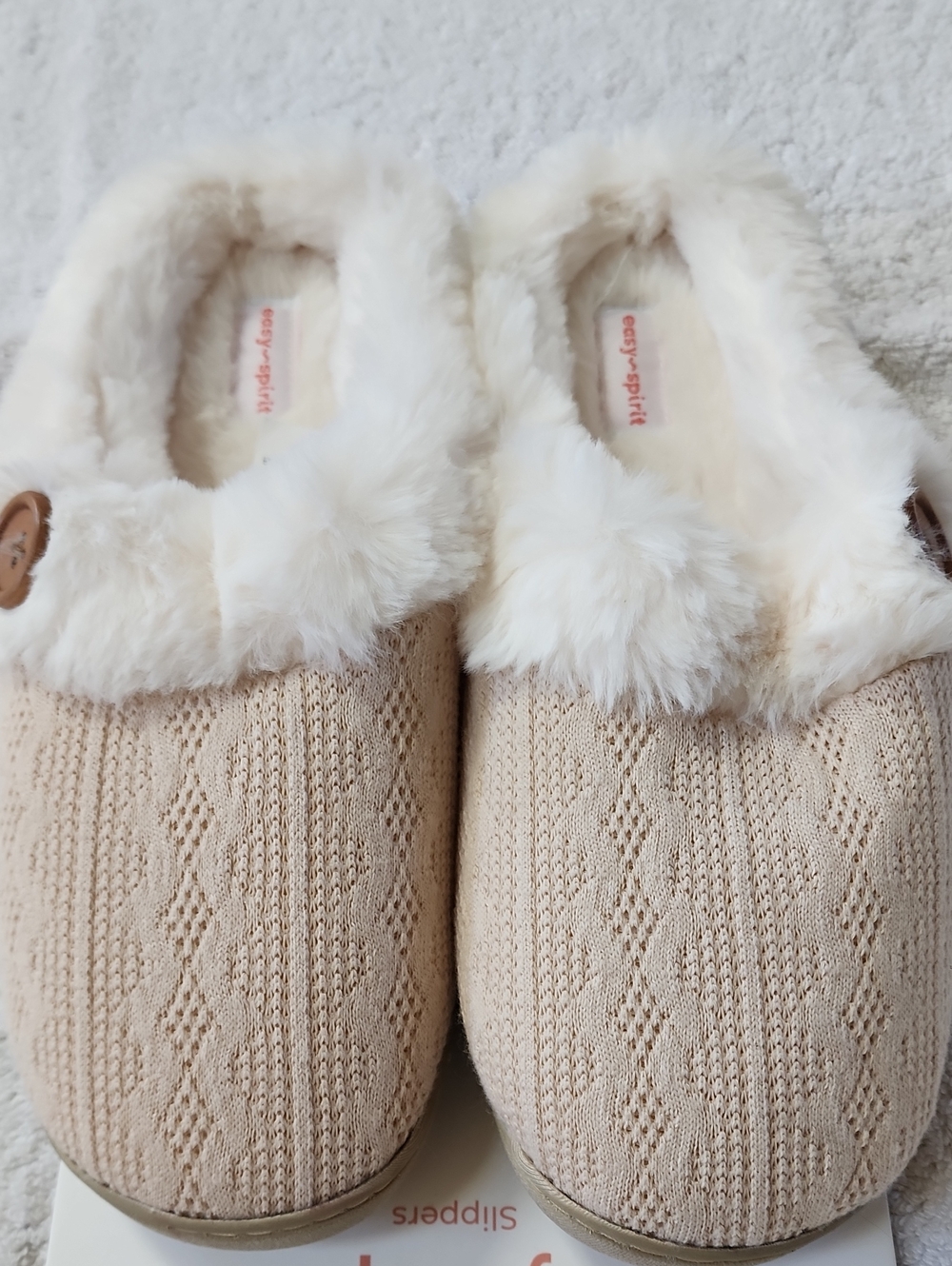 Easy Spirit Women's Beige Knit Faux Fur Slippers Size 9.5-10.5 New